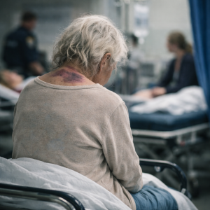 Mulher idosa sentada numa sala de hospital, com expressão pensativa e ambiente clínico desfocado ao fundo.